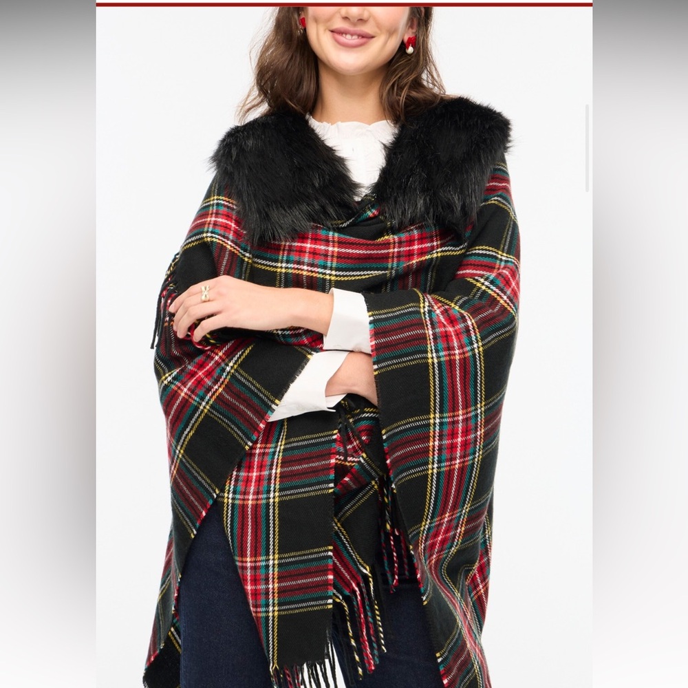J. Crew Black Plaid Wrap with Faux Fur Collar - Picture 4 of 10